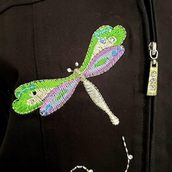 Quacker Factory Jacket Dragonfly Embroidered Black Coat Stretch Denium Medium - Picture 4 of 8